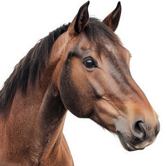 Close up portrait of a brown horse with a black background isolated on png transparent background