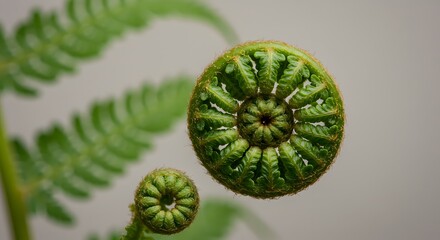 Macro Image of Spiraling Green Fern Fronds with Detailed Texture Against a Soft Background