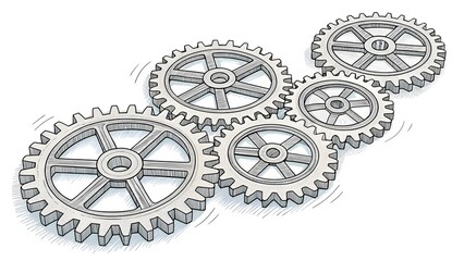 Close-up image of metallic gears meshing together perfectly, symbolizing collaboration, efficiency, and synchronized teamwork. Ideal for business presentations, engineering concepts.
