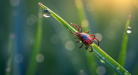 Naklejka premium Tick on grass blade dew drops