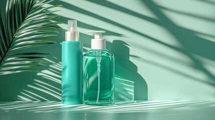 Teal Green Liquid Soap and Spray Bottles Mockup with Palm Leaf Shadow - Summer Skincare Product Packaging Design on Mint Background