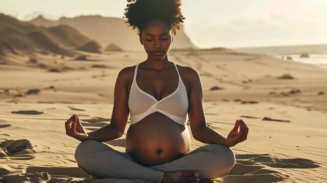 A serene moment captured as a pregnant african american woman sits cross-legged on a sandy beach, deep in meditation, enjoying the tranquility and peacefulness of the coastal atmosphere.