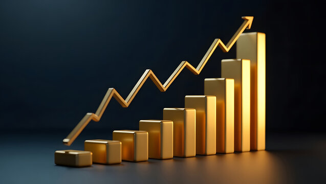 Shimmering golden bars rise dramatically illustrating a powerful upward trend in a darkened studio environment with a sense of optimism
