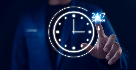 Nonstop service concept. Businessman show virtual 24-7 with clock for worldwide nonstop and full-time available contact of customer service concept. Full-time available contact of service concept.