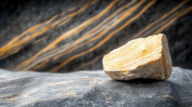 Close-Up of Yellow Petrified Wood on Gray Rock with Streaked Background