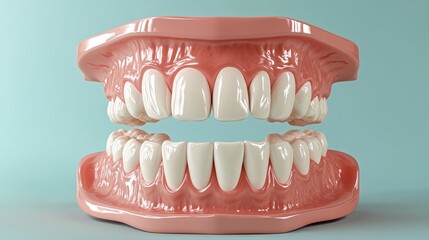 Obraz premium Healthy human mouth with teeth, front view. Gums, and rows of white teeth are clearly visible