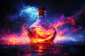Glass bottle containing red and pink liquid, surrounded by blue and pink clouds of smoke over dark background