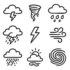 A set of doodle line icons illustrating weather elements like storms, lightning, tornadoes, rain, and wind, ideal for forecasts and climate content