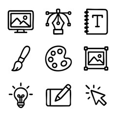Fototapeta premium A set of doodle line icons showcasing tools and concepts in graphic design, illustration, and digital art, ideal for creative content and UI