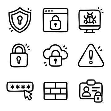 A set of doodle line icons representing cybersecurity elements like passwords, firewalls, malware, and cloud security for digital safety content