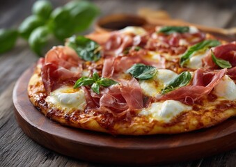 Delicious prosciutto pizza topped with fresh basil.