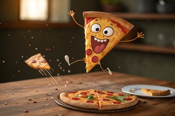 In a burst of cheesy exuberance, a cartoonish pizza slice comes to life, leaping joyfully above a wooden surface. Its golden crust forms a cheerful face with wide, excited eyes and an open, happy mout