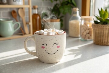 A charming, speckled mug with an endearing winking emoticon and rosy cheeks overflows with fluffy white marshmallows, wisps of steam curling gently upwards, hinting at a warm and comforting beverage w
