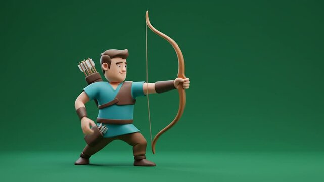 Aiming Arrow With Bow Cartoon Character on Green Background