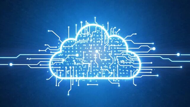 Cloud symbol made of glowing circuit board with moving electrons on blue cyberspace background. Concept of technology digital data, cloud computing and processing.