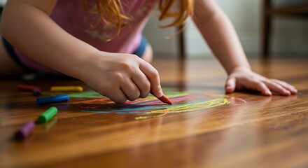 Obraz premium Adorable Toddler Girl Drawing Colorful Rainbow Art on Wooden Floor with Crayons, Creative Child's Playtime. High quality professional stock photo suitable for commercial use.