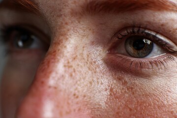 Fototapeta premium Close-up of a woman's freckled face in natural light.