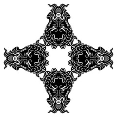 Fototapeta premium Geometrical cross shape ornament or frame with four masks of antique horned god Pan or Satyr. Black and white silhouette.