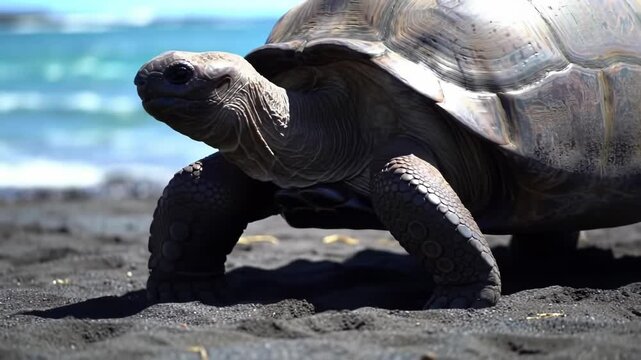 Giant tortoise walking on a volcanic beach, ocean in background