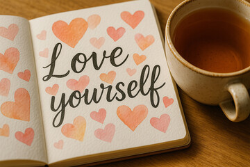 Watercolor “Love Yourself” Quote in Journal with Hearts and Tea