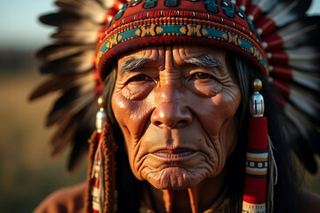 Obraz premium Canada – First Nations.Close-up portrait of a First Nations elder wearing a traditional headdress, with deep expression lines illuminated by soft golden hour sunlight. AI-generated