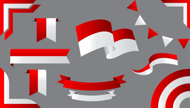 set of indonesia flag ribbon vector assets, Bendera indonesia collection assets