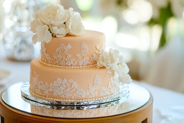 Elegant two-tiered cake adorned with delicate lace and flowers.