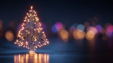 Glowing christmas tree circuit board against blurred city lights - digital holiday cheer