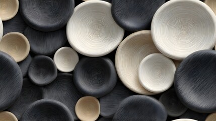Abstract pattern of textured circular shapes in black and white