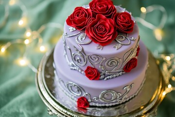 Elegant two-tiered cake adorned with roses and silver detailing.