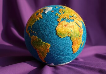 Globe made of thread on purple fabric