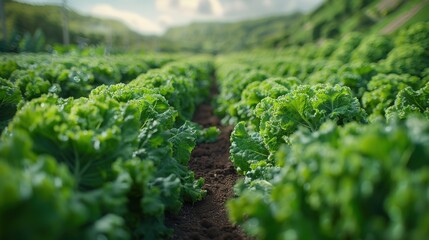 Rows of lettuce and kale under soft sky