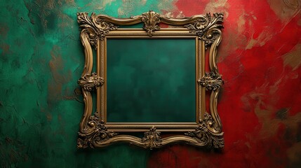 Ornate gold frame against split red and green painted wall texture. Perfect for displaying artwork, photos, or creative designs.