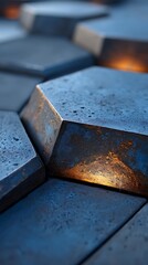 Abstract hexagonal metal design with warm light with 3D render, texture, and closeup.