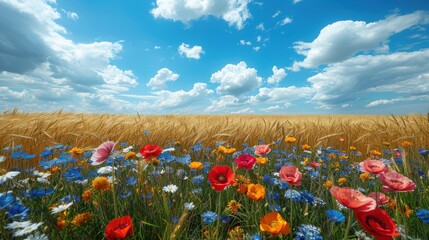 Wheat field edge with blooming wildflowers
