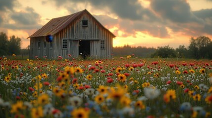 Wild grass and flowers by old wooden barn