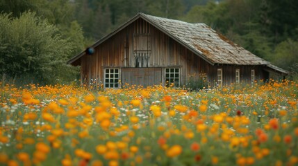 Wild grass and flowers by old wooden barn