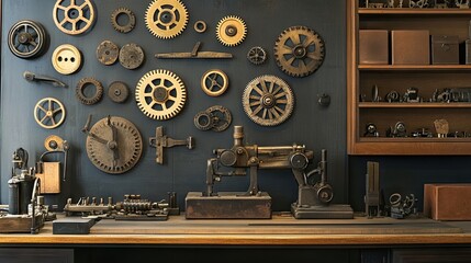 Fototapeta premium Old factory tools and gears displayed against a modern backdrop