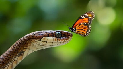 Snake and Butterfly: A curious interaction between a snake and a butterfly perched on its head.
