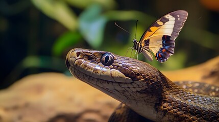Fototapeta premium Snake and Butterfly: A curious interaction between a snake and a butterfly perched on its head. 