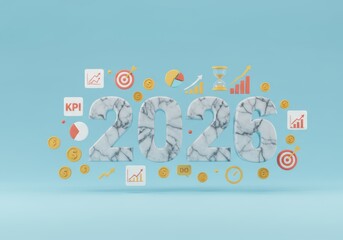 2026 Business Goals Marble Year Number with KPI Growth Charts and Target Icons