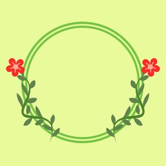A simple round frame made of green vines with small leaves and red flowers at each corner, set against a light green background, ideal for a natural and elegant design