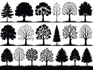 A collection of various tree silhouettes in black against a white background, arranged in rows above a grassy ground silhouette.
