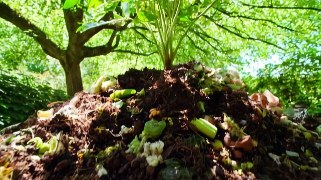 Large compost pile with decomposing food scraps, leaves, and organic waste in a green garden under tree canopy for recycling process