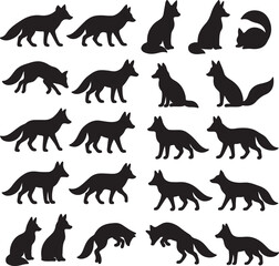 A set of 20 black fox silhouettes in diverse positions such as walking, sitting, jumping, and hunting. Ideal for wildlife, tribal art, logos, tattoos, and forest-themed projects.