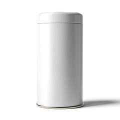 blank white paper tube push-up tin can mockup standing upright, matte finish, isolated on white background
