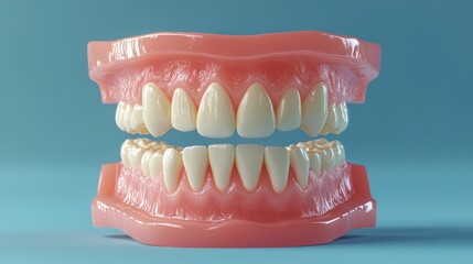 Obraz premium Realistic model of human teeth and gums. The model shows a full set of teeth, with visible enamel and gum tissue, against a light blue background