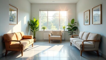 Friendly doctor's office waiting area with comfortable seating and natural light , aesthetic, reception, wellness