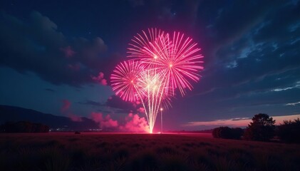 Vibrant fireworks explode in the night sky, illuminating the dark landscape , background, blue, blast