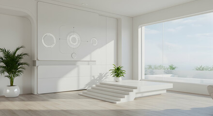 minimalist,  modern,  interior, Modern Minimalist White Interior Design with Geometric Wall Art and Steps